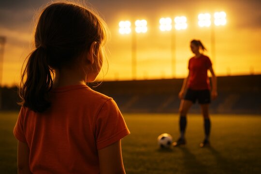 Child watching female soccer player on field under stadium lights at sunset, inspirational sports training moment