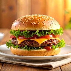 Juicy Beef Burger in Soft Bun on Rustic Plate