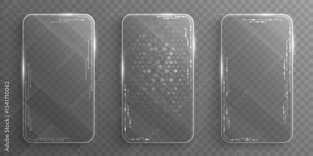 Poster set of sci-fi digital glass cards with shining circuit lines and hexagonal pattern for cyber id card