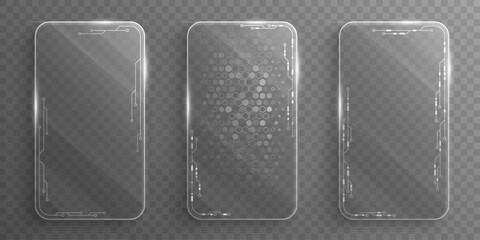 Set of sci-fi digital glass cards with shining circuit lines and hexagonal pattern for cyber ID card isolated on transparent background. Hi-tech dashboard screen for UI and GUI design. Vector. © sersupervector