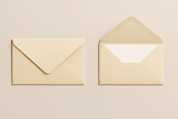 Closed and open beige envelopes on neutral background, minimal stationery mockup for branding and correspondence design