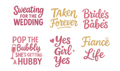 Wedding calligraphy Pink lettering vector party, pink bachelorette design party hand lettered quote for greeting card, gift tag, label, wedding sets. Groom and bride design text Sticker Set Collection