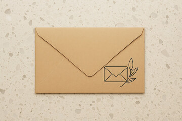 Kraft paper envelope with black eco mail icon and branch drawing on terrazzo background, minimal stationery branding mockup