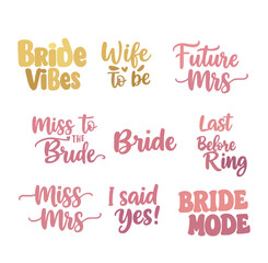 Wedding calligraphy lettering vector Pink, bachelorette design party, Black hand lettered quote for greeting card, gift tag, label, wedding sets. Groom and bride design  text, Sticker Set Collection
