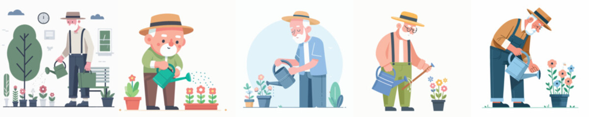 vector character grandpa watering flowers
