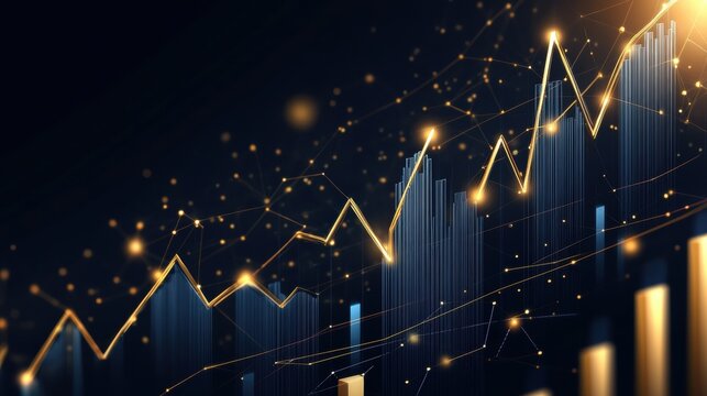 Golden Line Graph Ascending with Sparkling Effects on Dark Background