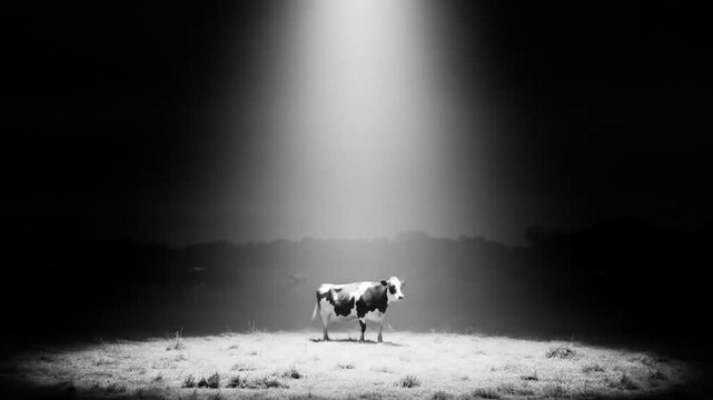 Cow in a field at night being abducted by a UFO. Funny alien cattle abduction scene in black and white.