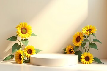 Empty matte gray podium with vivid summer sunflowers in bloom, arranged in clean portrait layout, summer vibes background, summer vibes podium