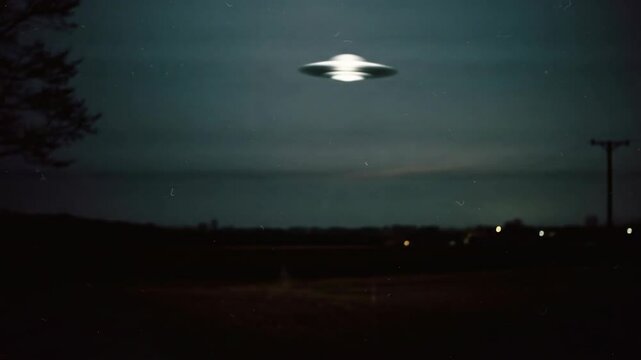 Shaky vintage footage of a UFO sighting at dusk. Grainy and blurry found footage style video of a flying saucer. UFO video evidence and conspiracy. World UFO day.