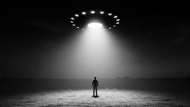 Person in a field illuminated by a light beam from a UFO. Black and white alien abduction scene. World UFO day
