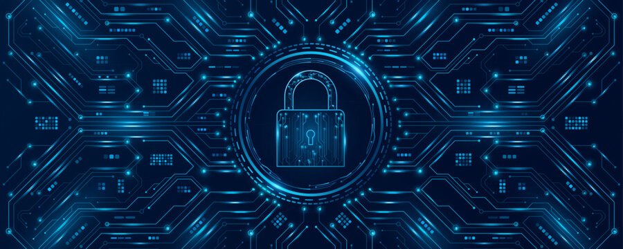Futuristic vector cybersecurity background featuring a glowing lock icon with circuit board pattern. Electronic system design for data encryption, firewall technology and information security.