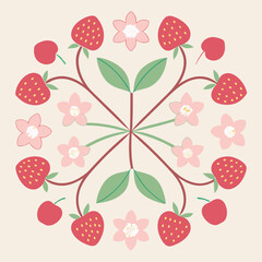 Strawberry and cherry blossom circular design. Perfect for organic branding, botanical prints, packaging design, kitchen wall art, recipe books, skincare labels, and logo design.