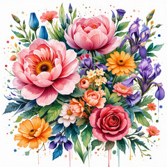 Bouquet of colorful flowers and roses with petals in full bloom on a natural floral background