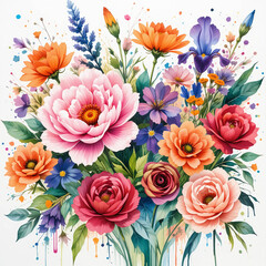 Bouquet of colorful flowers and roses with petals in full bloom on a natural floral background