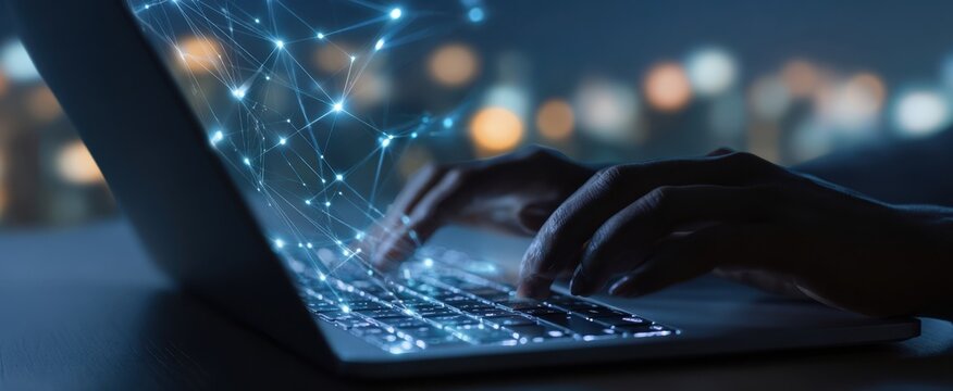 The laptop softly glows while hands type and data connections emerge.