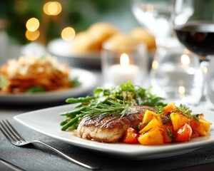 Elegant dinner plate with grilled fish, vegetables, and pasta