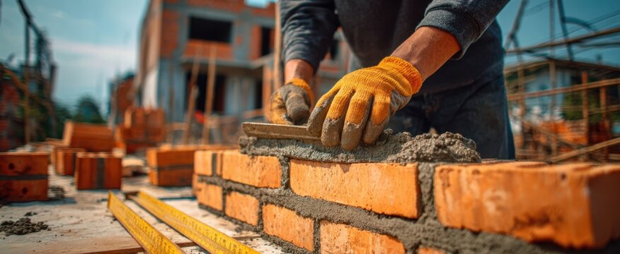 The skilled builder laying bricks with precision on a construction site.