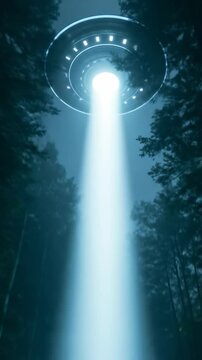 Vertical video of an alien abduction in a dark forest. Person being lifted by a light beam from a UFO.