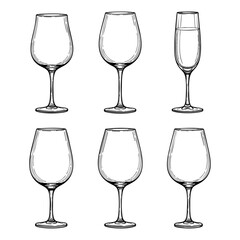Types of Wine Glasses  Hand Drawn Sketch in one Picture, on a Transparent Isolated PNG Background