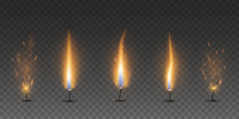 Set of realistic fire effects with sparks on wick of candle on a transparent background. Burning flame from candles for visualizing heat, combustion or festive events. Vector illustration.