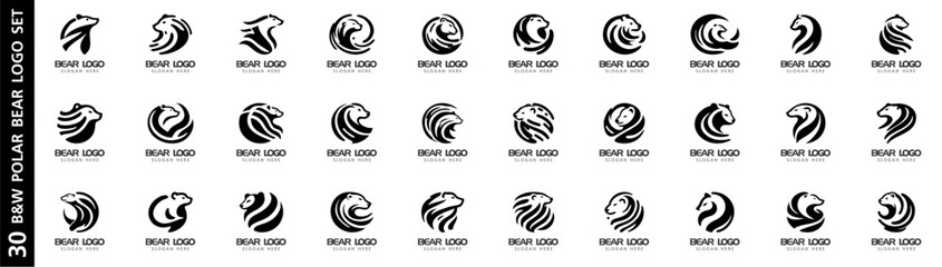 Set of 30 abstract polar bear logo templates in monochrome vector style. Ideal for branding, identity, and wildlife-themed designs.