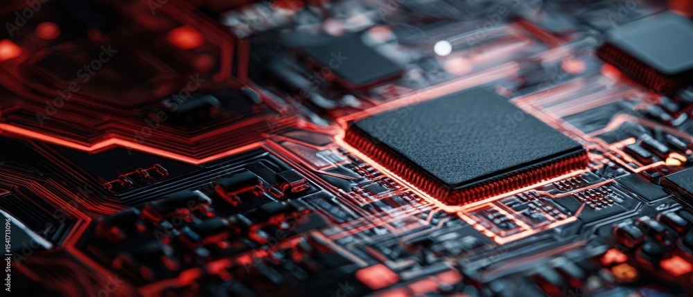 Poster the detailed close-up of a high-tech circuit board with glowing elements.