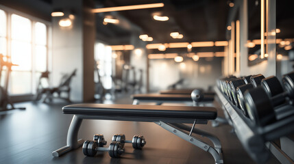 Fototapeta premium Modern fitness studio with weight benches and dumbbells, minimalist design and clean lines. Focus on strength training in a serene space.