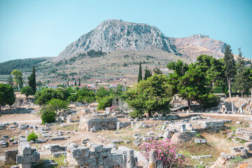 Mountain landscape behind ancient ruins of Corinth in Greece