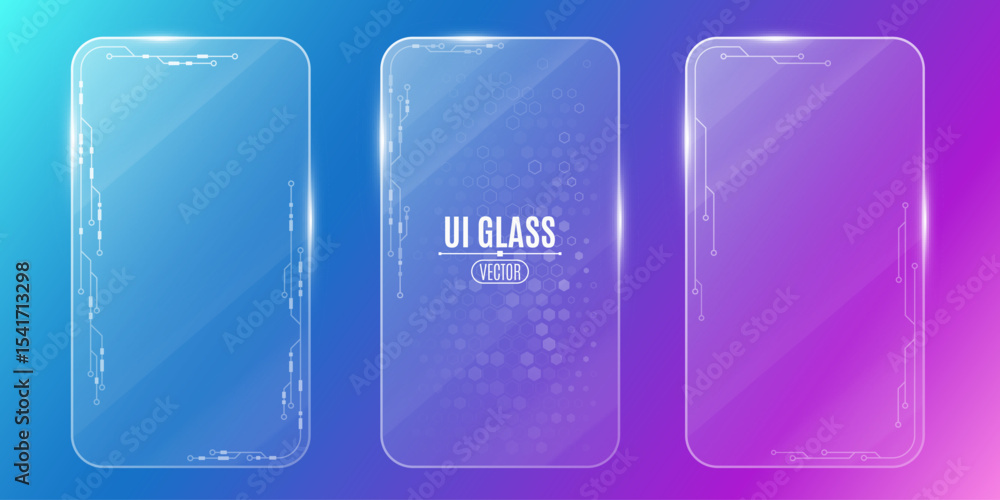 Poster futuristic ui glass card set featuring transparent panels with circuit board and electronic elements