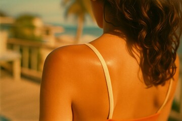 Tanned woman back in swimsuit with curly hair in sunlight, tropical outdoor setting with blurred beach and palm trees