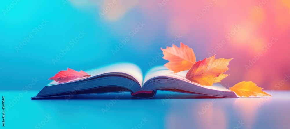 Aufkleber autumn leaves resting on an open book with a colorful background