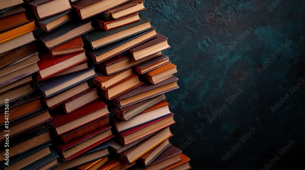 Poster stacked books creating an artistic display against a textured wall