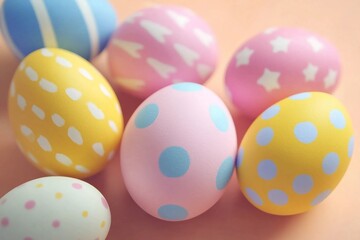 Fototapeta premium Flat lay of cute pastel and colorful cute easter eggs with on colorful background, happy easter concept