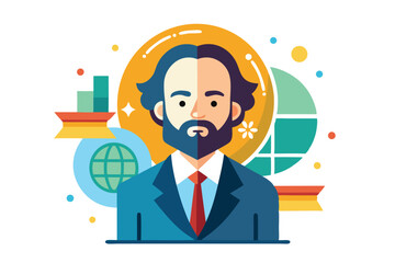 Colorful Vector Illustration of a Bearded Man in a Suit Amidst Global and Financial Graphic Elements a Business and Global Concept