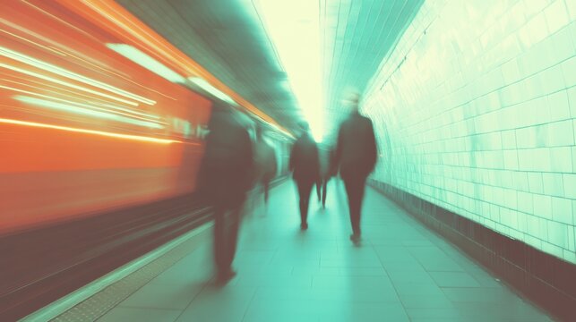 Busy subway station with commuters during rush hour in urban area