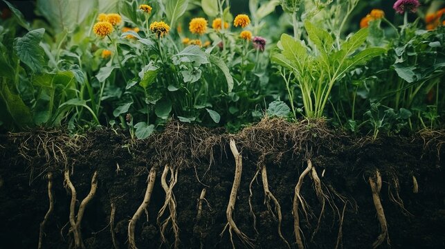 root systems of multiple crops interacting underground, biodiversity, eco .