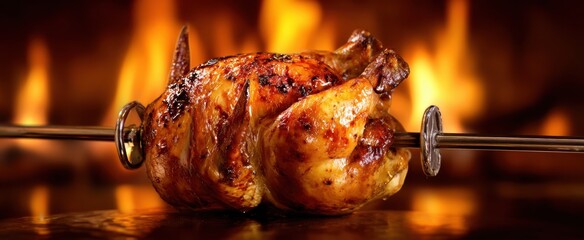 The succulent rotisserie chicken sizzling over an open flame in a warm kitchen