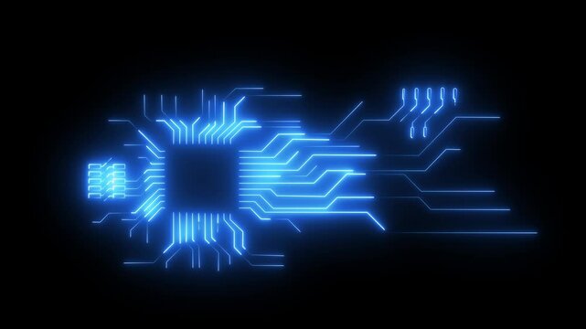 Neon technology circuit board lines abstract motion design. Artificial Intelligence Chip with Glowing Circuit Lines concept. 4k video motion graphic. Abstract neon Network of Connecting Lines.