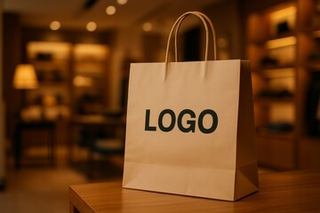 Brown paper shopping bag with logo mockup on wooden table in retail store interior with warm lighting
