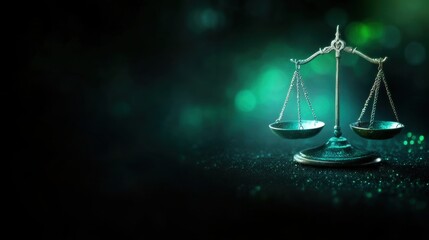 Balance scales on a dark background with green lights create a mystic atmosphere