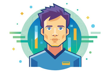 Vector Illustration of a Confident Young Man in Professional Setting with Geometric Background and Cool Color Palette