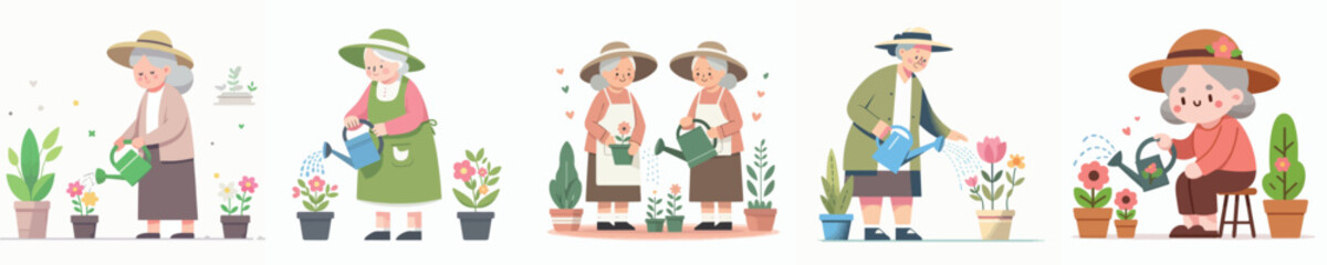 vector character grandma watering flowers