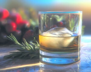 Whisky drink with ice, rosemary, and berries