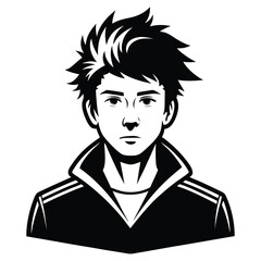 Stylish Anime Character Illustration Cool Hairstyle and Modern Jacket A Striking Black and White Portrait with Sharp Lines
