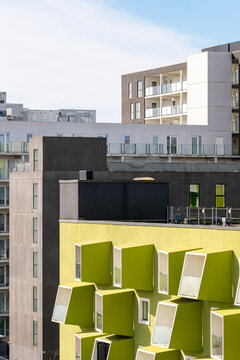 Colorful modern balconies in &Oslash;restad, Copenhagen, Denmark, innovative housing concept and sustainable Danish urbanism with strong geometric patterns