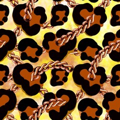 Bold leopard print pattern with golden chains on a vibrant yellow background. Perfect for fashion textiles, accessories, and interior design accents.seamless leopard pattern