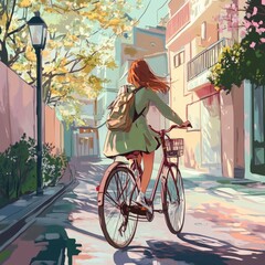 A girl on a bike in a charming, pastel-colored street