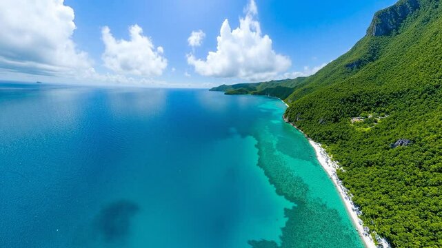 Aerial view from height of mountains range to blue sea - Equirectangular 360 degree loop video