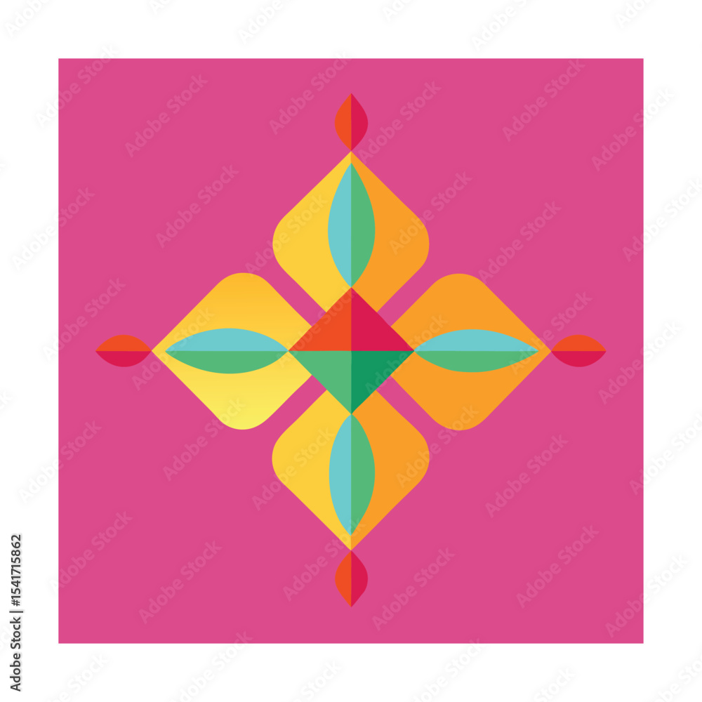 Poster abstract geometric design with vibrant colors arranged in a symmetrical floral like pattern