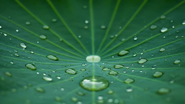 Detailed Green Leaf with Water Droplets in Close-Up View Against Blurred Background
